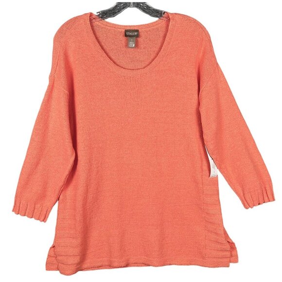 NEW Chico’s Coral Knit Sweater Size 1/M  Pullover 3/4 Sleeve Relaxed Fit Top - Picture 2 of 12